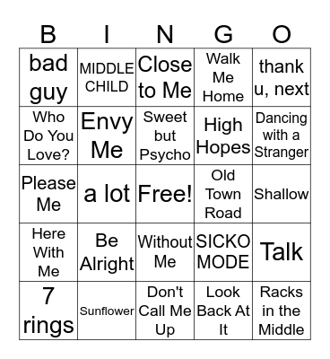 2019 Hits Bingo Card