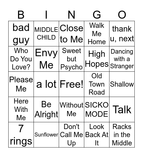 2019 Hits Bingo Card