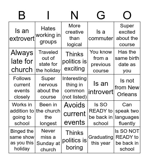 Getting to Know You... Bingo Card