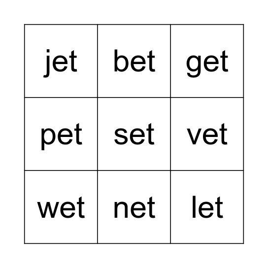 Words ending in -et Bingo Card