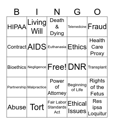 Medical Legal Issues Bingo Card