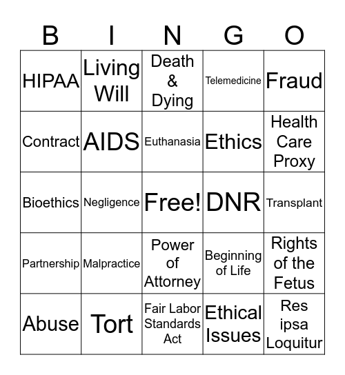 Medical Legal Issues Bingo Card