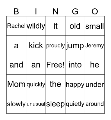 Parts of Speech Review Bingo Card