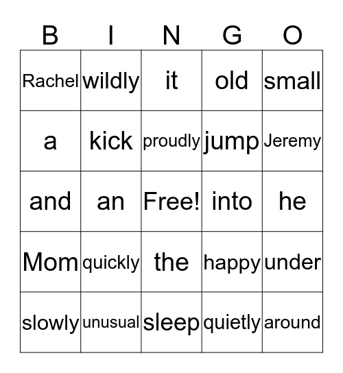 Parts of Speech Review Bingo Card