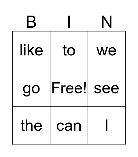 Sight Words Bingo Card
