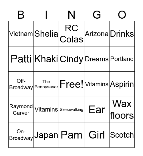 "Vitamins" by Raymond Carver Bingo Card