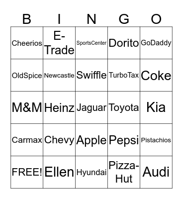 Superbowl Commerical Bingo Card