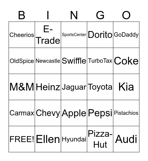 Superbowl Commerical Bingo Card