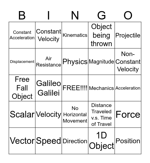 Kinematics Bingo Card