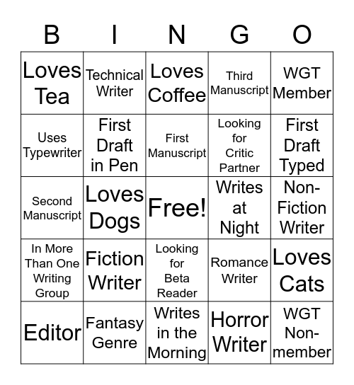 Writers Guild of Texas Bingo Card