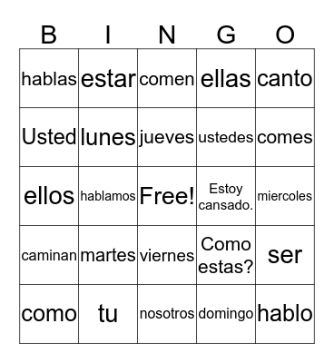 Spanish Bingo Card
