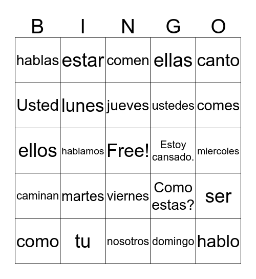 Spanish Bingo Card