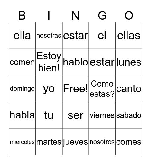 Spanish Bingo Card