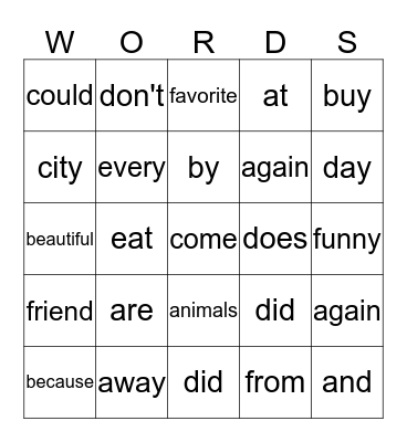 SIGHT WORDS: a-f Bingo Card