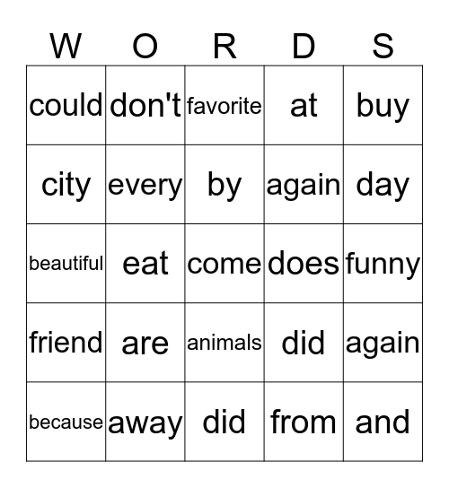 SIGHT WORDS: a-f Bingo Card