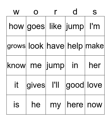Sight words: g-n Bingo Card