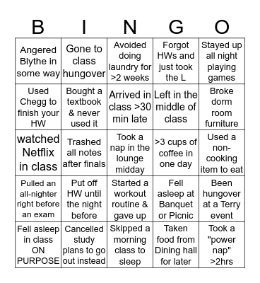 Bad Student Bingo Card
