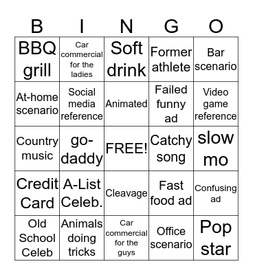 Super Bowl Commecial Bingo Card