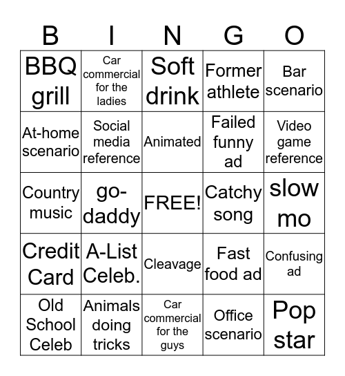 Super Bowl Commecial Bingo Card