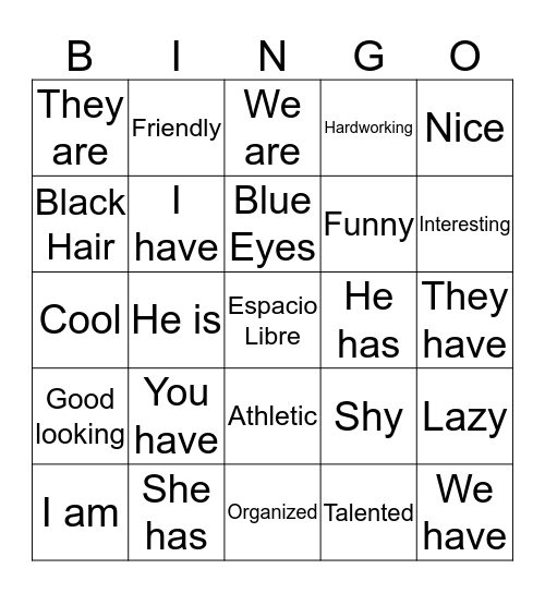 Describing Others Bingo Card