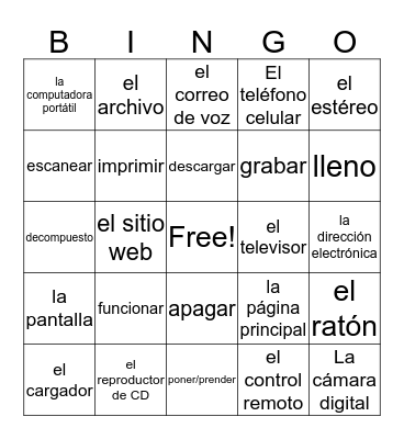 Unidad 5: Tecnologia y Computadoras Bingo Card