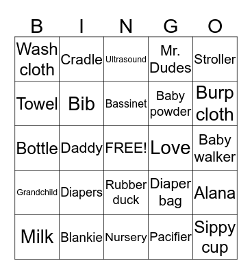 Alana's Baby Shower Bingo Card