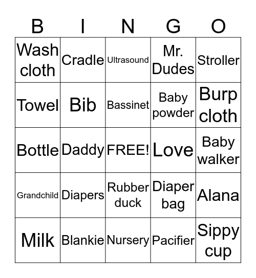 Alana's Baby Shower Bingo Card