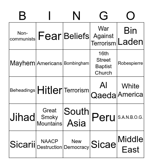 Terrorism Bingo Card