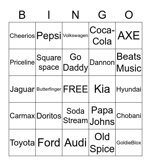 Superbowl Commercial Bingo Card