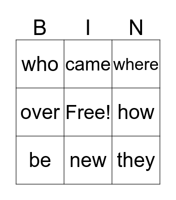 sight words Bingo Card