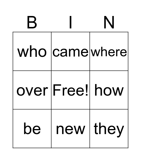 sight words Bingo Card