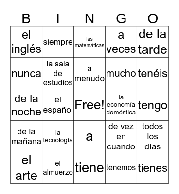 U4: ¿A qué hora tienes tus clases? Bingo Card