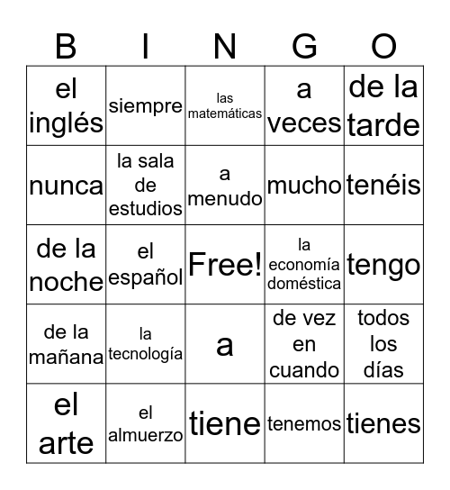 U4: ¿A qué hora tienes tus clases? Bingo Card