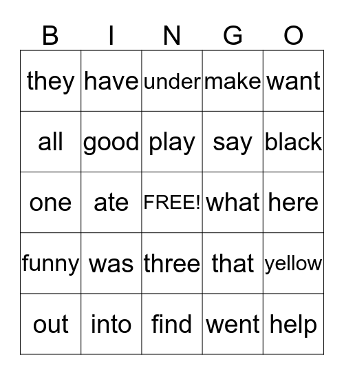 Word Wall Words Bingo Card