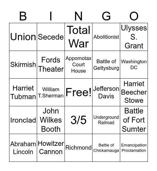 Civil War Bingo  Bingo Card