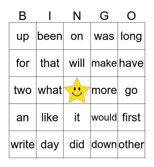 Sight Word Bingo Card