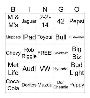 Super Bowl Commercial Bingo Card