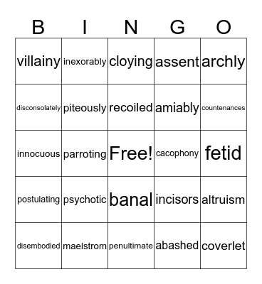 Creature Vocabulary Bingo Card