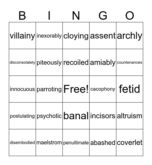 Creature Vocabulary Bingo Card