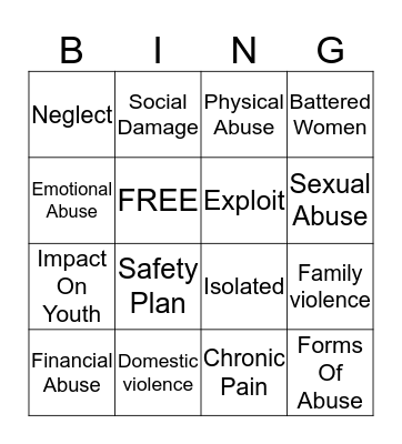 Family Violence and Youth Problems Bingo Card