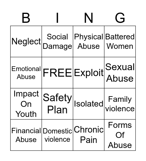 Family Violence and Youth Problems Bingo Card