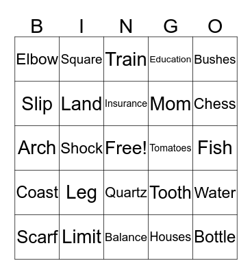 Noun Bingo Card