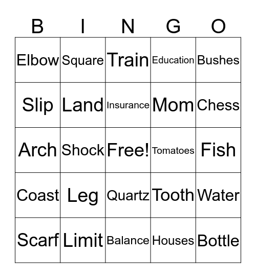 Noun Bingo Card