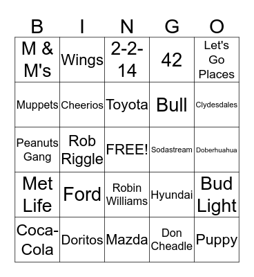 Super Bowl Commercial Bingo Card