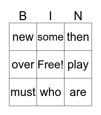 sight words Bingo Card