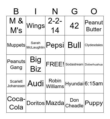 Super Bowl Commercial Bingo Card