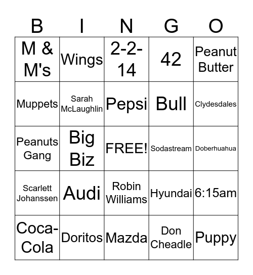 Super Bowl Commercial Bingo Card