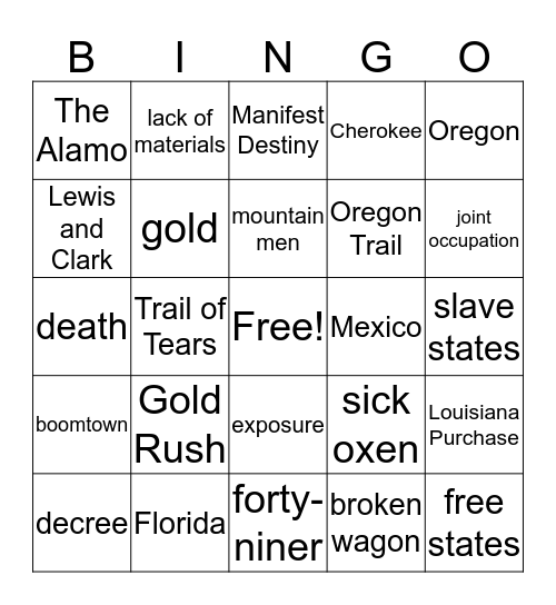 Manifest Destiny Bingo Card