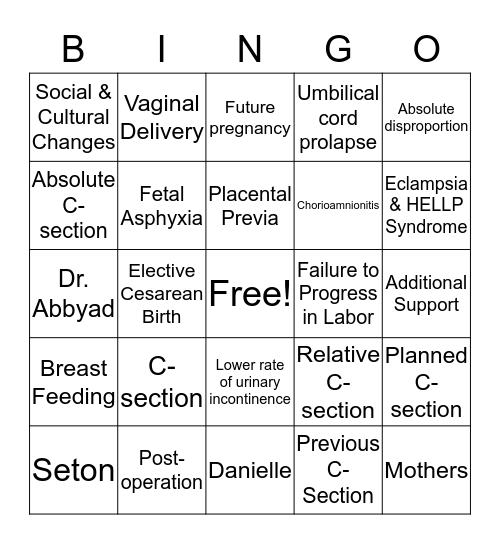 Cesarean Birth  Bingo Card