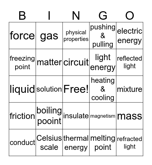 Matter, Force, Motion & Energy Bingo Card